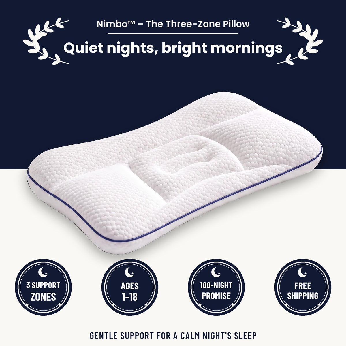 Nimbo™ by SOMNARA – quiet nights, bright mornings: 3 support zones, 3 heights for ages 1–18, 100-night promise, free shipping