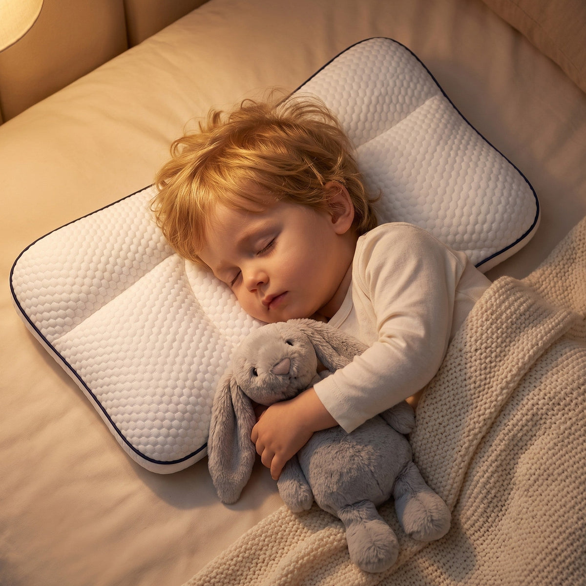 Toddler asleep on the Nimbo™ pillow with a plush bunny