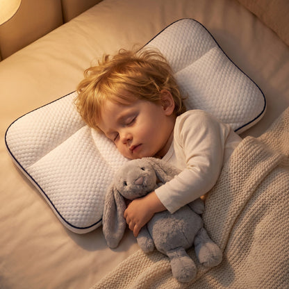 Toddler asleep on the Nimbo™ pillow with a plush bunny
